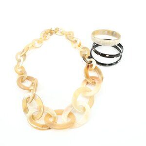 New Beige Graduated Oval Chain Link Horn Look Statement Necklace Bracelets Set